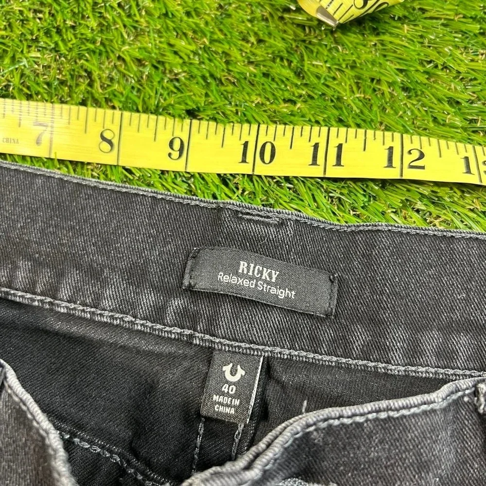 True Religion Ricky Mens 40 Relaxed Straight Black Jeans Horseshoe Flap Pockets